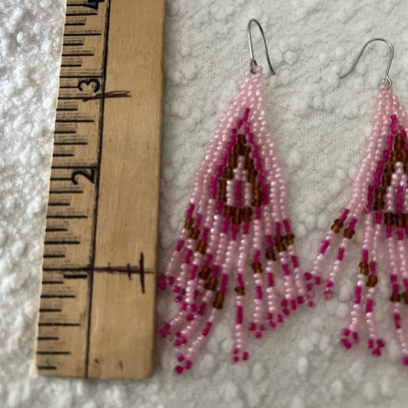 Pink Beaded Fringe Tassel Earrings • Multicolor Boho Tribal Dangle - Picture 3 of 4